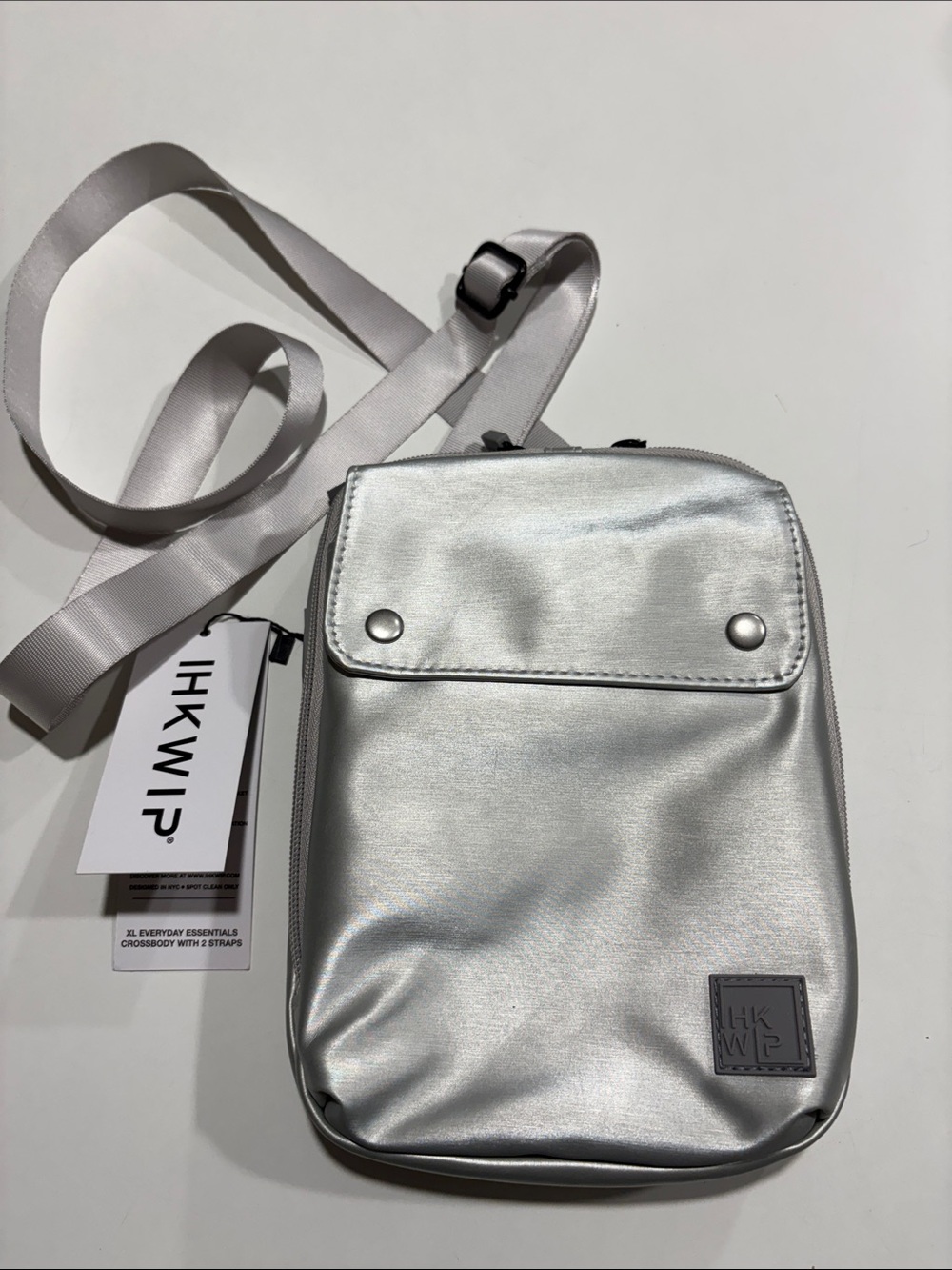 Ikwhip Metallic Matte Silver Everyday Crossbody Bag. Lots of pockets! Web strap